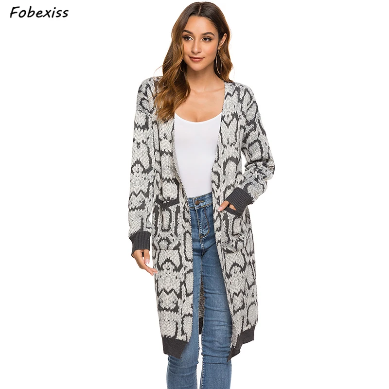 

Knitted Long Cardigan Sweater Autumn Winter Open Stitch Sweater Coat Woman Snake Print Sweater korean style woman Loose Cardigan