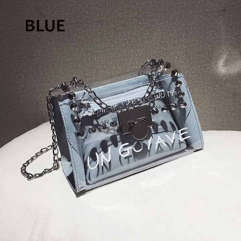 Blue Новинка, летняя модная сумка, высокое качество, ПВХ, Прозрачная женская сумка, милая, с принтом букв, квадратная сумка для телефона, на цепочке, сумка через плечо - Цвет: Blue