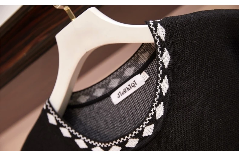 5XL плюс размер женский элегантный вязаный зимний свитер винтажный геометрический жаккардовые с длинным рукавом Женские трапециевидные платья