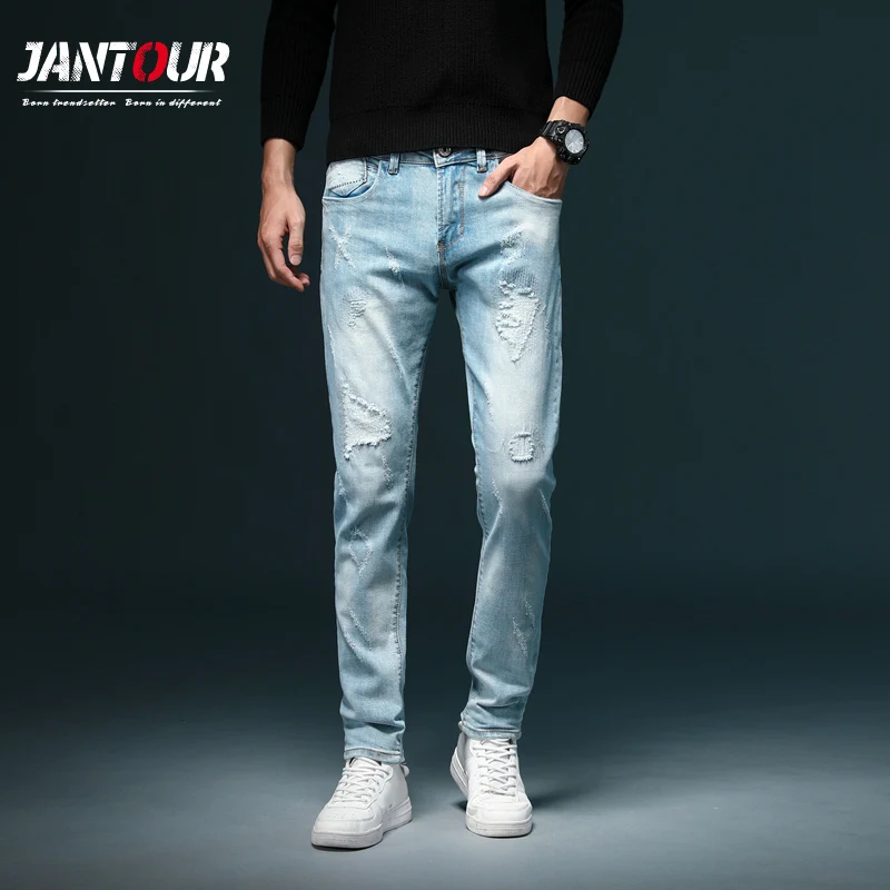 

2020 New Fashion Designer Men Jeans Slim Fit Blue Color Cotton Denim Pants Ripped Jeans For Men Design Classical Jeans homme