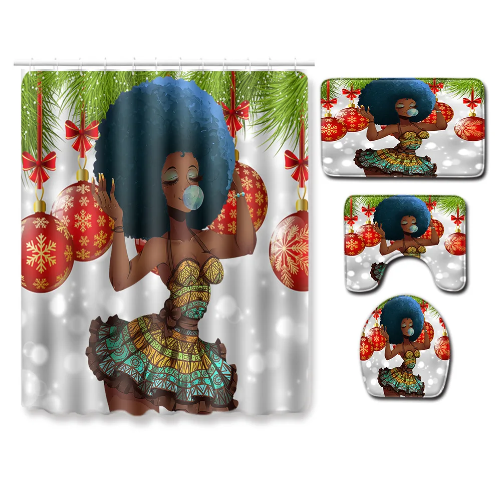 Christmas Series African Woman Pattern Shower Curtain and Bath Mat Set Waterproof Polyester Shower Curtain for Bathroom Shower - Цвет: PJ19830-A006