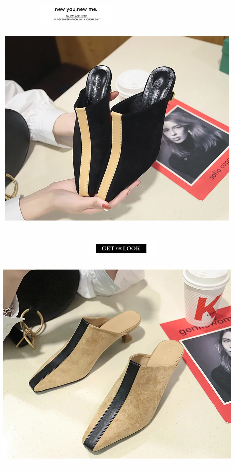 woman mules footwear transparet heel Square Toe soft Strange Style Med Crystal leather black couple warm Sweet