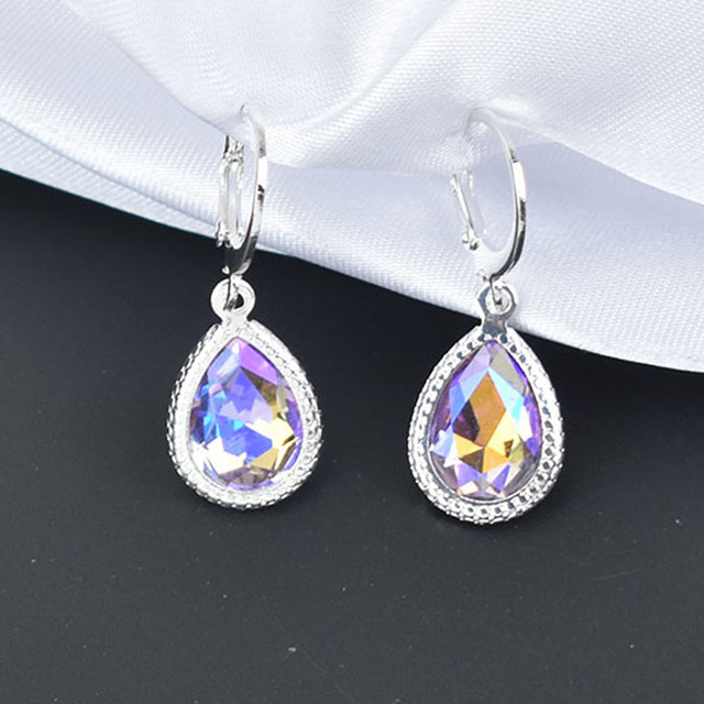 Geometric Crystal Water Drop Earrings For Women Silver Color Red Blue Jewelry Bridal Gift Boucle D'Oreille Femme