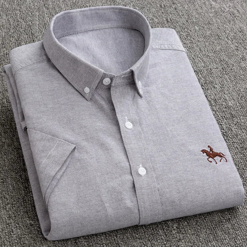 Summer 100% Cotton Oxford Men's Short Sleeve Embroidered Horse Casual Solid Dress Shirts Plus Size 5XL 6XL cotton shirt men casual shirt