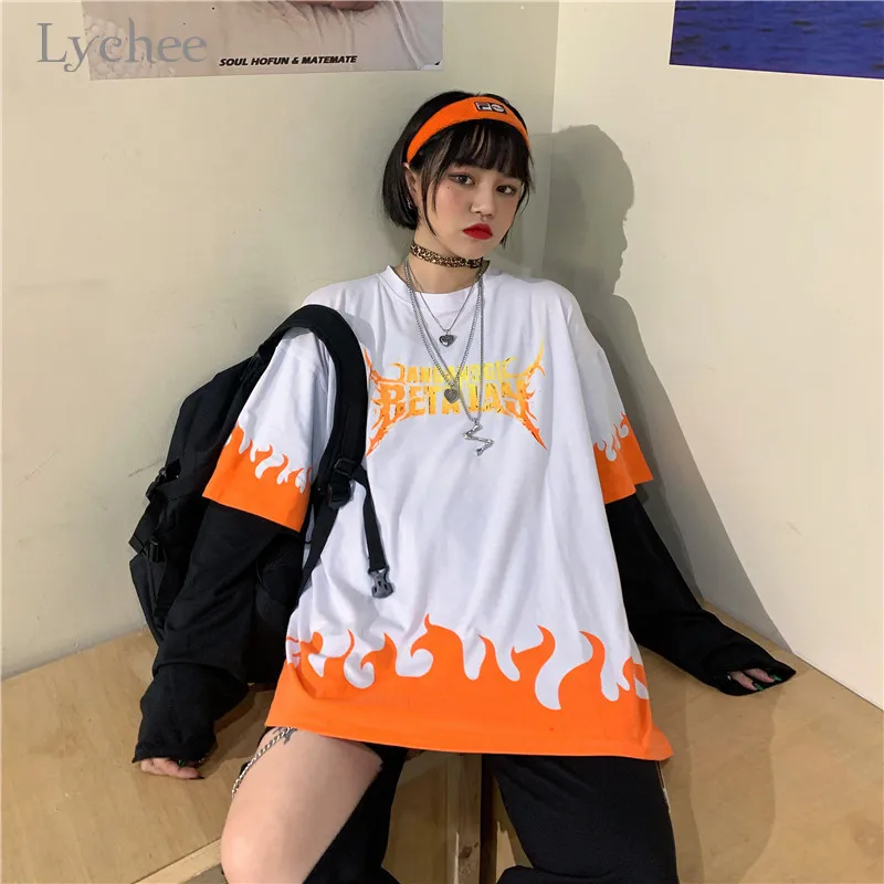 

Lychee Harajuku Flame Letter Print Women T Shirt Top Tee Patchwork O-neck Women T Shirts Fake 2 Pieces Women T-shirts Top Tees