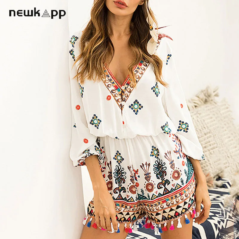 Женский короткий комбинезон с V образным вырезом и длинным рукавом|Комбинезоны c