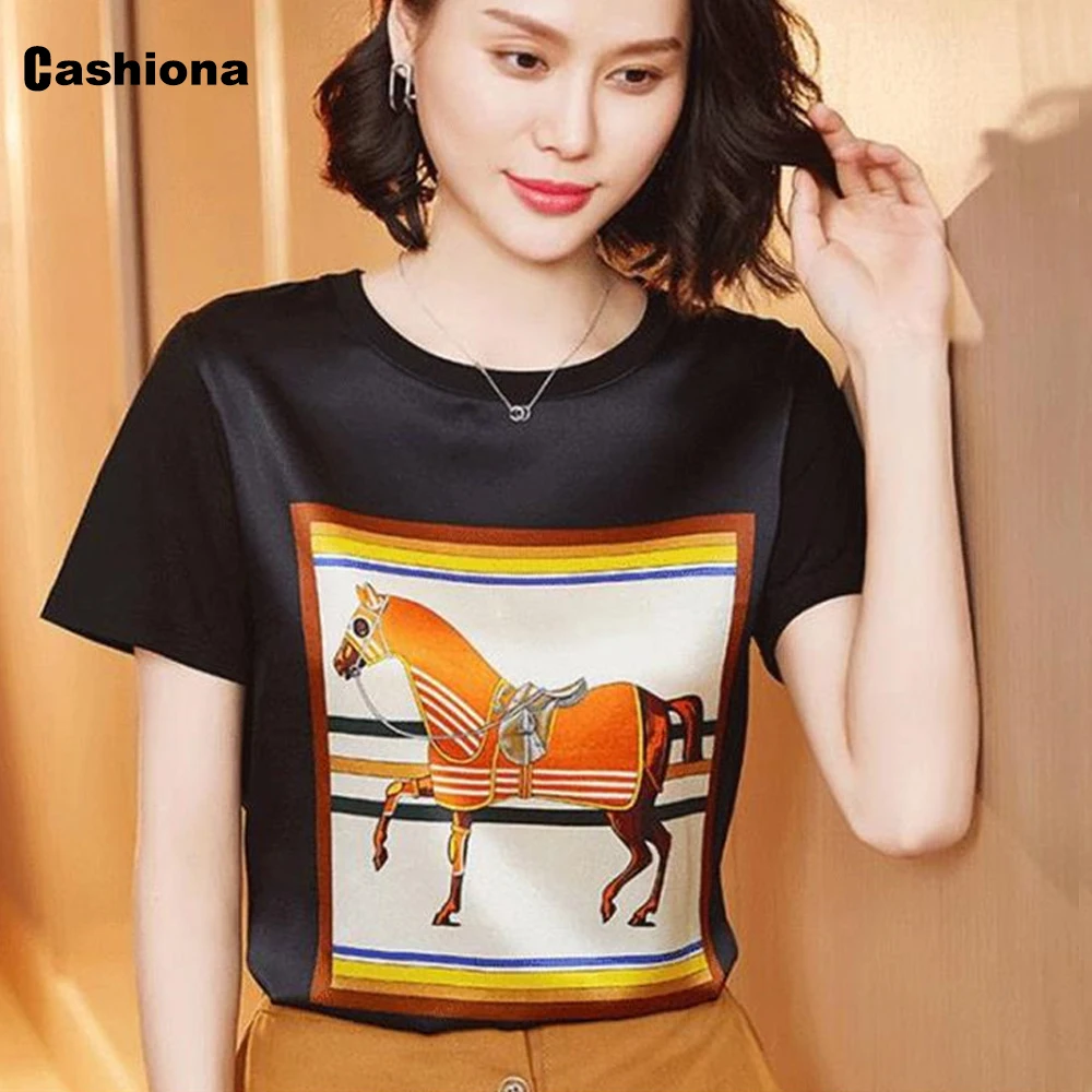 Plus size 3xl Female Top Short Sleeve Ladies Elegant Print Imitation Silk Korean Tshirt 2020 Summer New Women Casual Shirt Femme