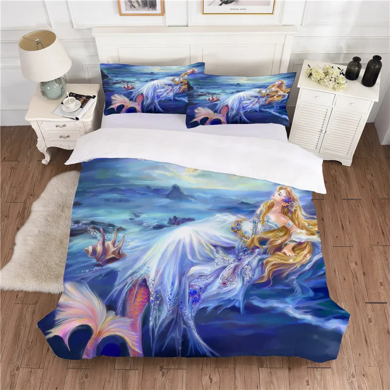 BEST.WENSD Cute Mermaid Bedding AB side Queen size Bedding sets Pretty blue comforter bedding-set-cover housse de couette 3d - Цвет: as picture