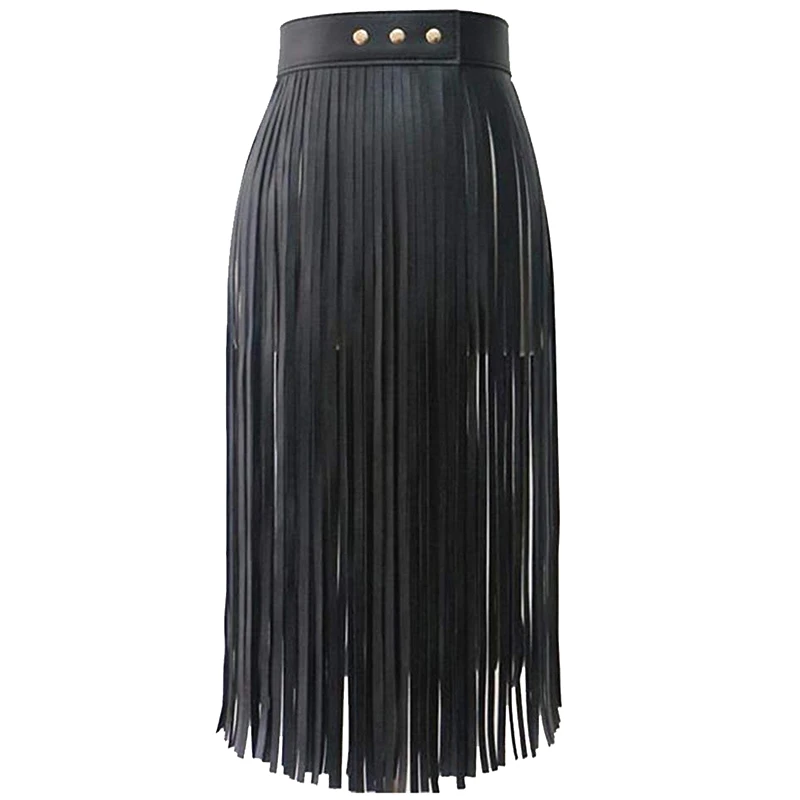 Women's Tassels Leather Skirt Summer Fashion Adjusted PU Long Fringe