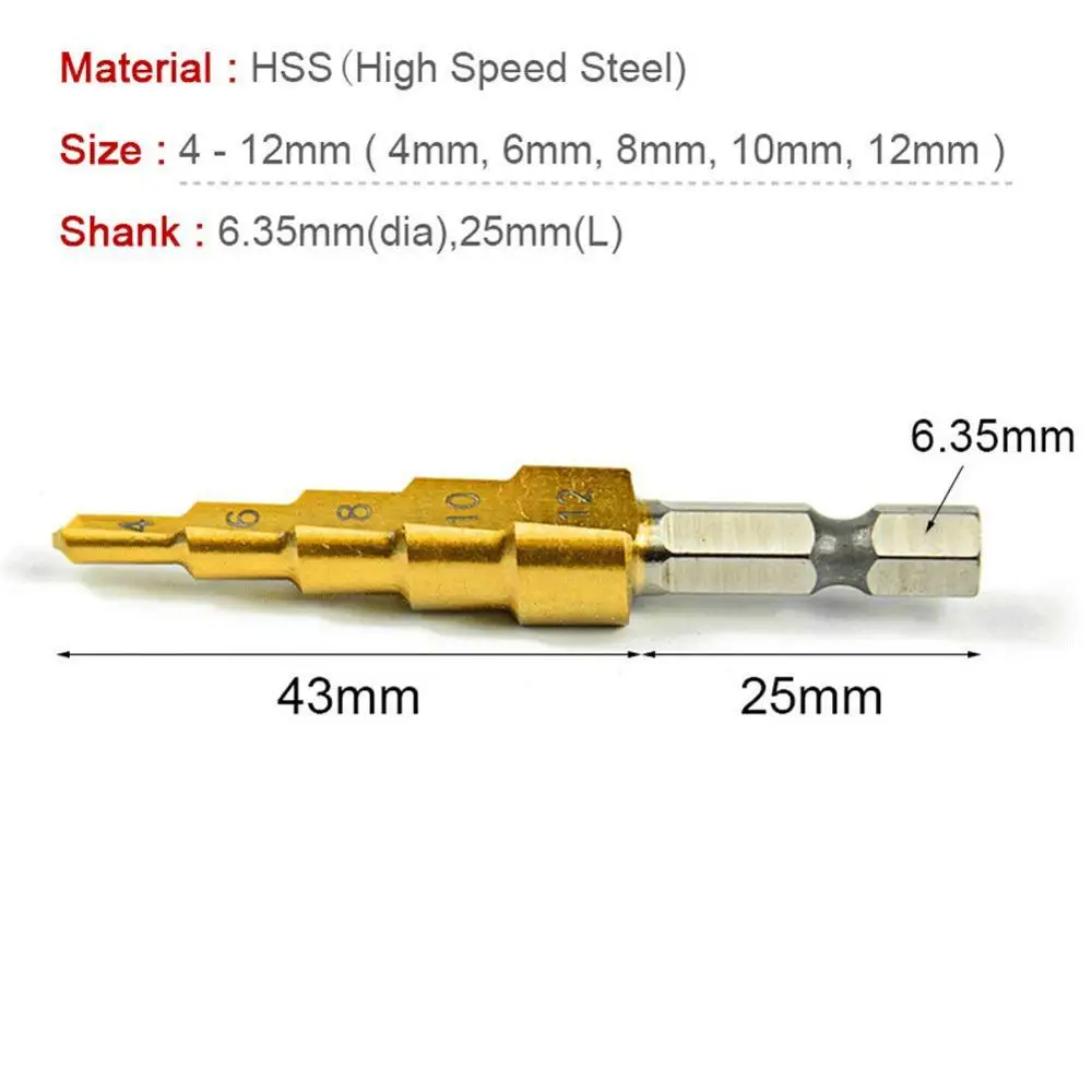 3 шт титановые пластины высокоскоростные стальные ступенчатые сверла набор сверл набор для сверления отверстий из листового металла 4-12 мм 4-20 мм 4-32 мм 3-12 мм - Цвет: 4-12mm