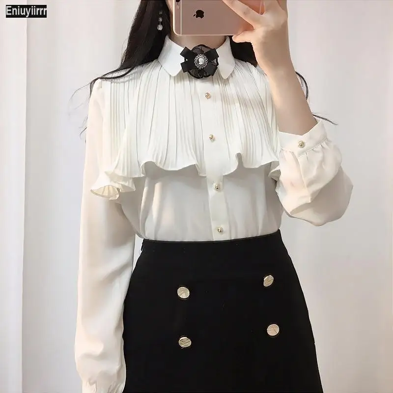 2021 New Year Cute Girls Womens Solid Color Office Lady Ruffled Blouses Formal Button Red White Shirt Ribbon Bow Tie Tops 2