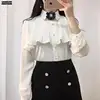 2021 New Year Cute Girls Womens Solid Color Office Lady Ruffled Blouses Formal Button Red White Shirt Ribbon Bow Tie Tops 2