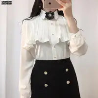 2021 New Year Cute Girls Womens Solid Color Office Lady Ruffled Blouses Formal Button Red White Shirt Ribbon Bow Tie Tops 2