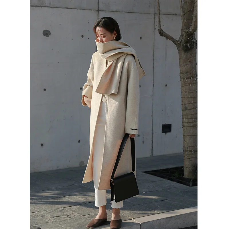 

Scarf+ Long Wool Coat V-Neck Open Stitch Wide-waisted Office Lady Winter Coat Women Casaco Feminino Women Coats Autumn Winter