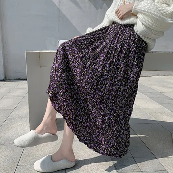 

Autumn Summer women vintage elegant skirt 2019 high waist plus velvet pleated floral skirts womens lady Casual skirts female