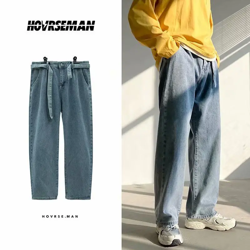 

Korean Wide-leg Jeans Men's Fashion Casual Retro Blue Belt Jeans Men Streetwear Loose Hip-hop Straight Denim Pants Mens M-2XL