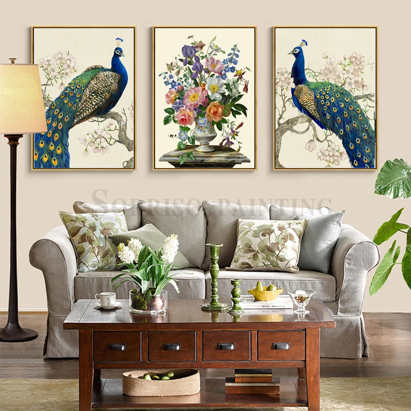 Европейский классический павлин ваза холст картина стены Искусство для гостиной