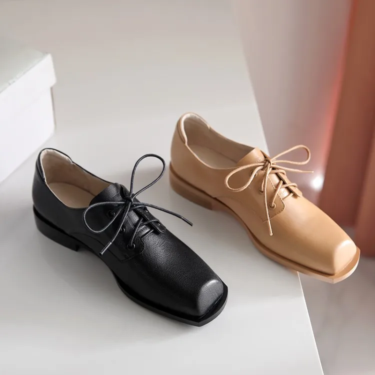 

Mei yi lang Cabinet Quality Casual Shoes Mouth Cross Lace-up Square Head Ladies' Shoes inside And Pure Leather Loafers