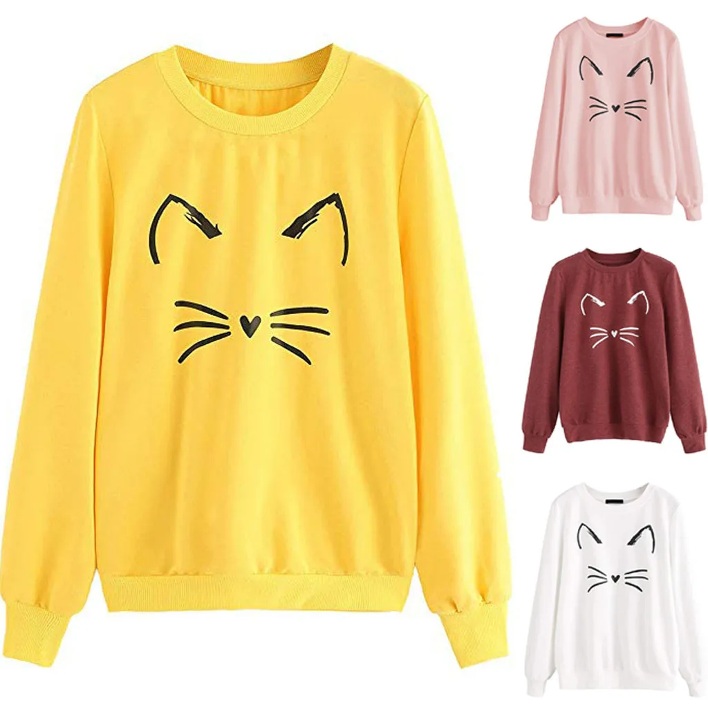JAYCOSIN Fashion Women Casual Cat Round Neck Long Sleeve Sweatshirt Casual Popular Cute Soft Chic Elegant Blouse Sweatshirt