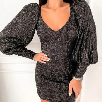 

COIGARSAM Sexy Solid Women dress New Full Sleeve V-Neck Dresses Sivler Black 320
