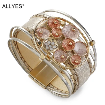 

ALLYES Chunky Big Metal Enamel Charm Leather Bracelet for Women Boho Multilayer Braided Wide Wrap Bracelets Fashion Jewelry