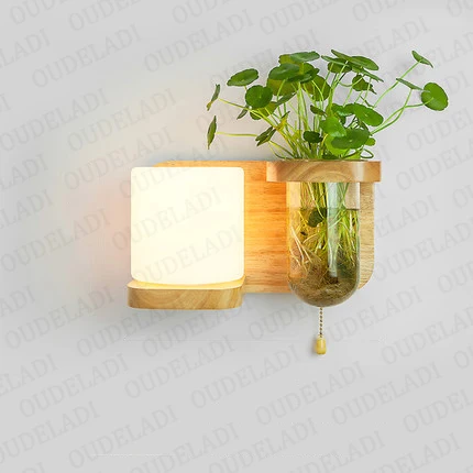 Nordic minimalist interior with switch green plant solid wood aisle decorative balcony bedside lamp E27 wall lamp - Цвет абажура: A With switch