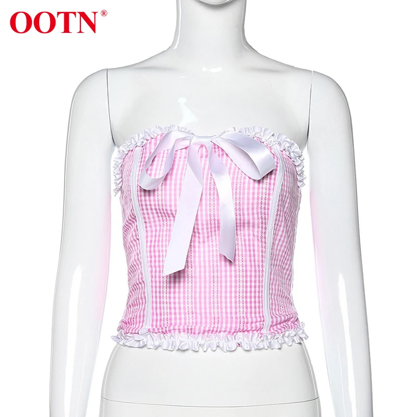 OOTN клетчатый топ с принтом, женские сексуальные топы с открытыми плечами, топ с оборками и бантом, весна-лето, Женская майка без рукавов