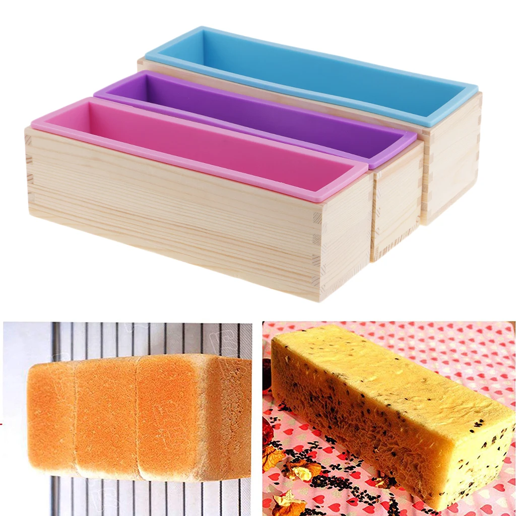 3pcs Rectangle Wooden Box Silicone Soap Mold DIY Tools For Toast Loaf Baking