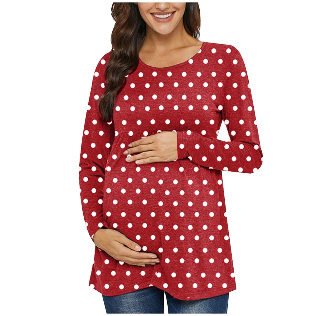 Женские топы в горошек с длинными рукавами для беременных; Футболка для беременных; блузка с круглым вырезом; мягкая хлопковая одежда для кормящих мам