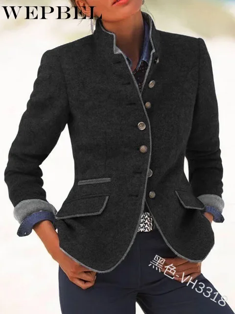 

WEPBEL Autumn Winter Casual Solid Color Slim-Fit Woolen Coat Women's Long Sleeve Single-Breasted Turn-down Collar Woolen Coat
