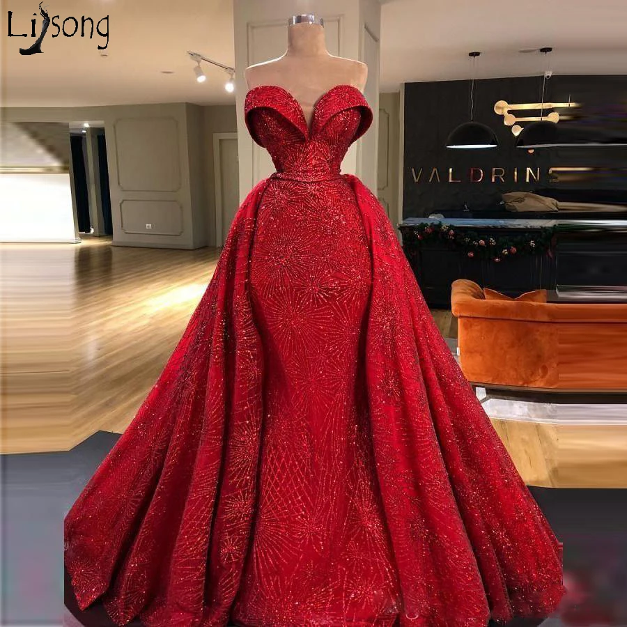 Red Overskirts Prom Dresses Shiny Appliques Sweetheart Mermaid Evening Dress Back Zipper vestidos de novia Plus Size Celebrity Party Gowns