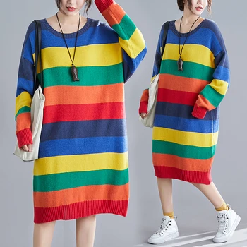 

BIG SIZE Autumn Winter Women Fashion Elegant Colorful Color Block Tops Female Ladies Plus Large Long Sleeve Knit Sweater Dress
