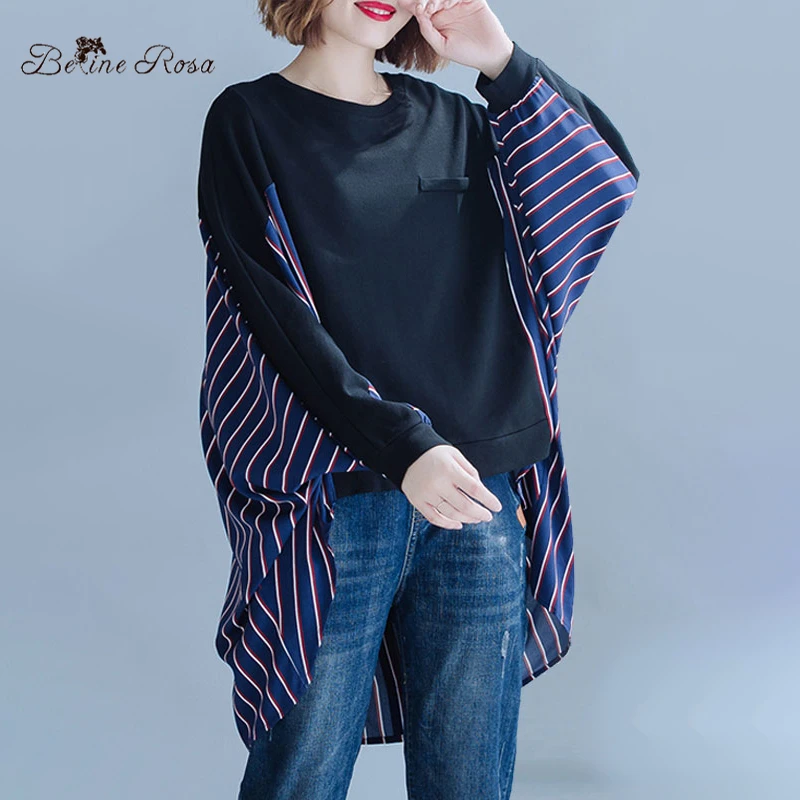 

BelineRosa European Casual Style Plus Size Hoodies England Style Large Size Women Pullovers Splice with Chiffon Back JJDM0106