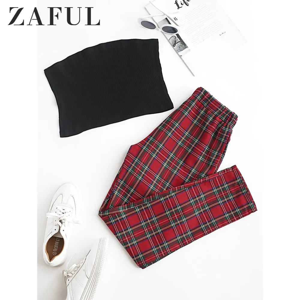 ZAFUL, однотонный топ без бретелек и клетчатые штаны, комплект, простой топ на бретелях, штаны с высокой талией, эластичный женский топ и низ,, костюм из двух предметов
