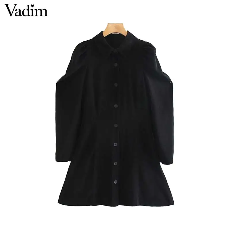 Vadim women elegant solid shirt dress long puff sleeve turn down collar female chic fashion mini dresses vestidos QC849