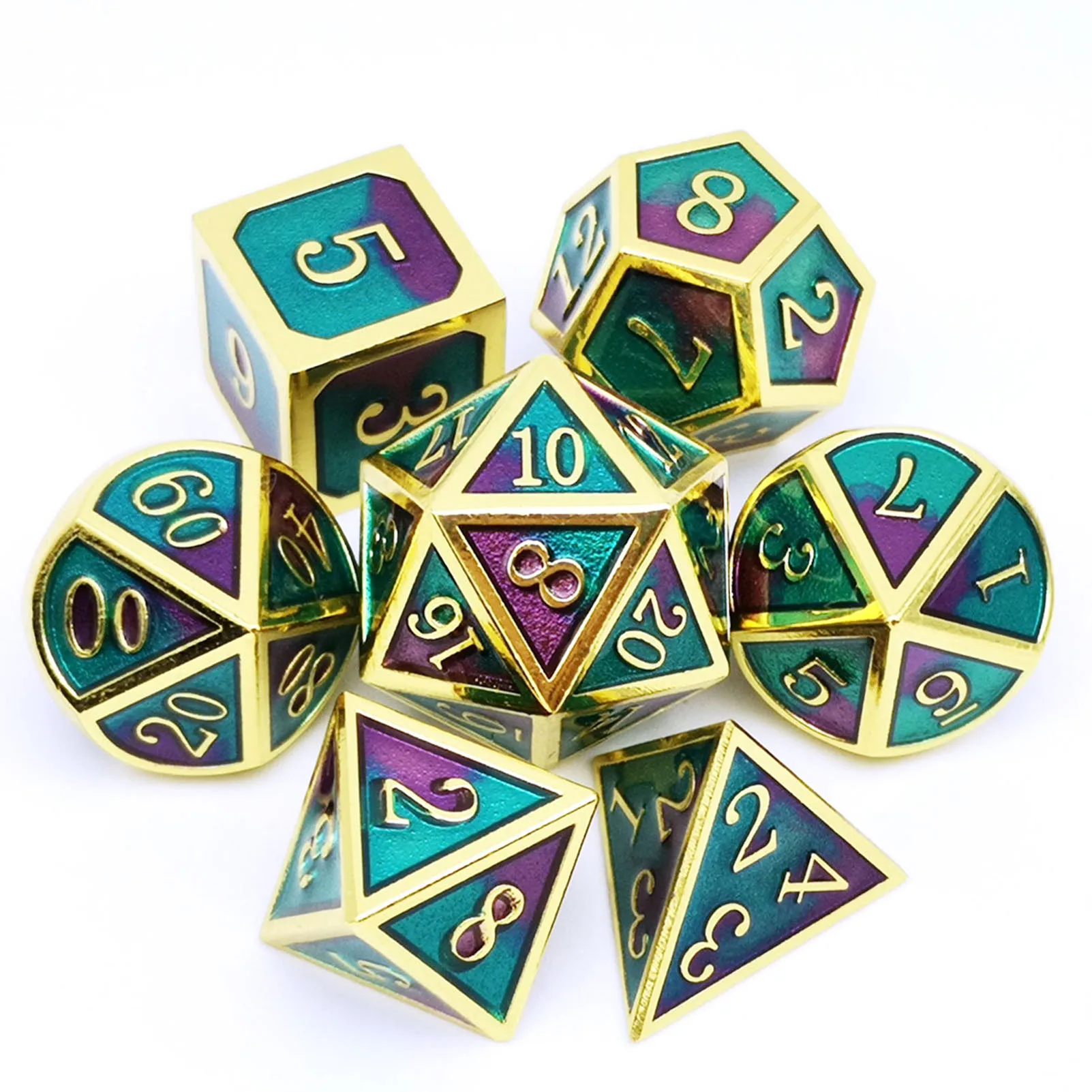 Haxtec Metal Dice Set for D&D Silver Gold Green Blue Teal Polyhedral DND Dice TTRPG