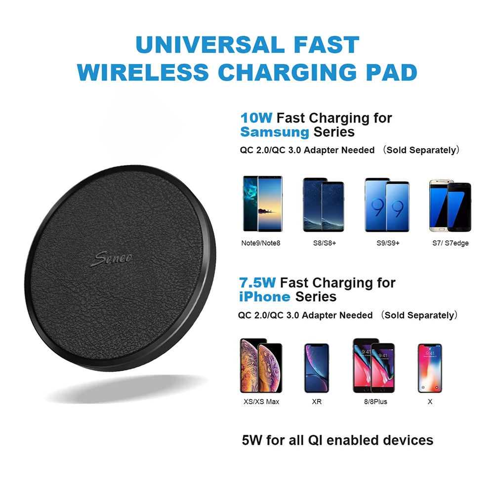 Беспроводное зарядное устройство Seneo PA145 Qi для iPhone 11 XR X XS MAX 8 Plus 10 Вт Samsung Galaxy S10 S9 +