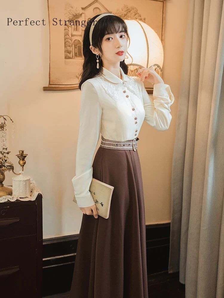 Retro Hot Sale High Quality Autumn New Arrival Peter Pan Collar Lace Color Block French Style Women Long Dress