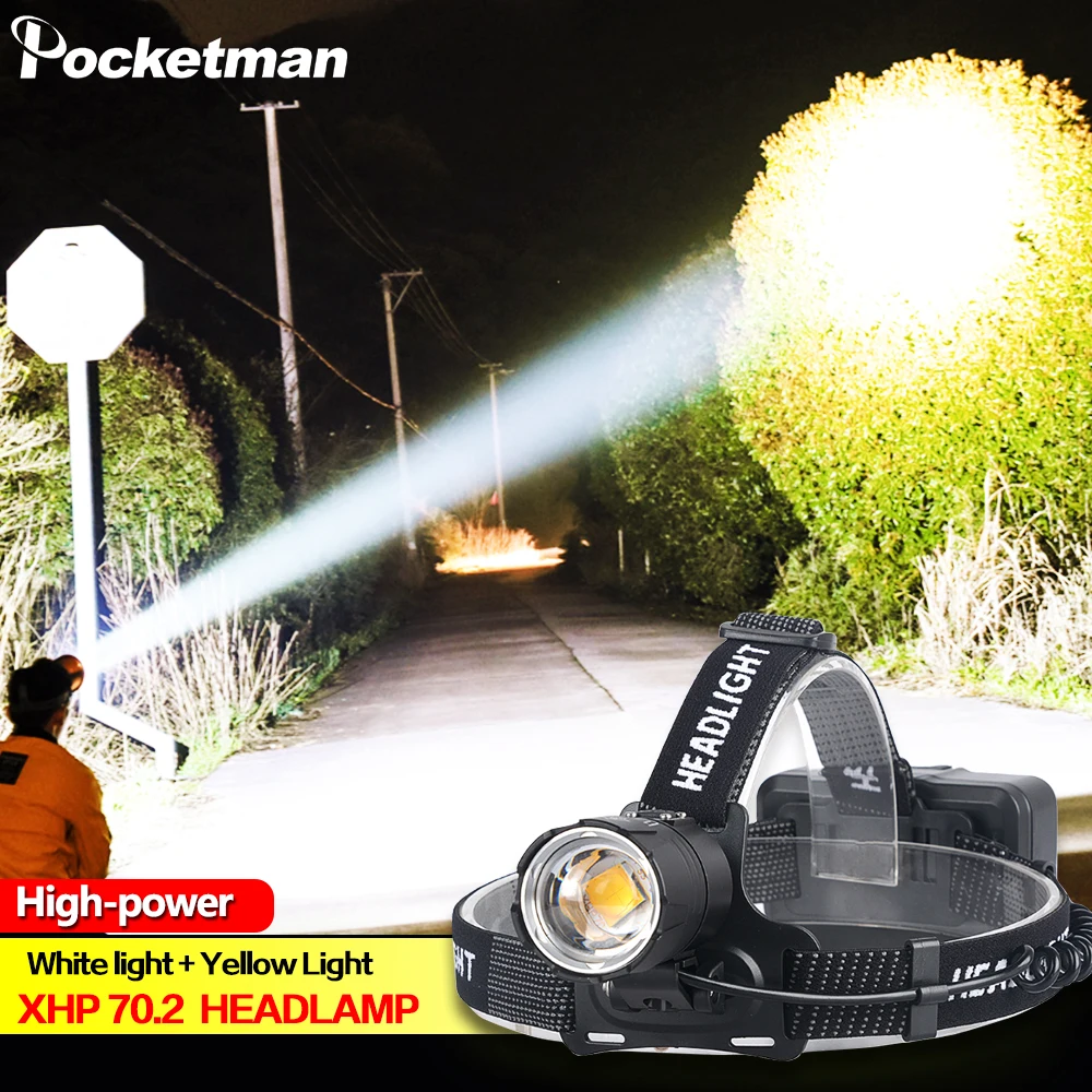 Kaufen 100000LM XHP70.2 Led Scheinwerfer XHP70 Gelb Weiß Led Scheinwerfer Angeln Camping Zoom USB Aufladbare Taschenlampe Verwenden 3*18650 batterien