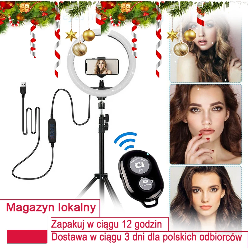 Merry Christmas English LED Video Ring Light with 2M Tripod Stand Phone Holder Selfie Ringlight Makeup Live Lighting | Электроника