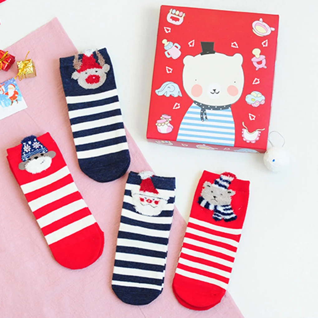 4 Pairs Cute Children Cartoon Printed Animal Socks Breathable Kids Mid Calf High Socks Christmas New Year Gift
