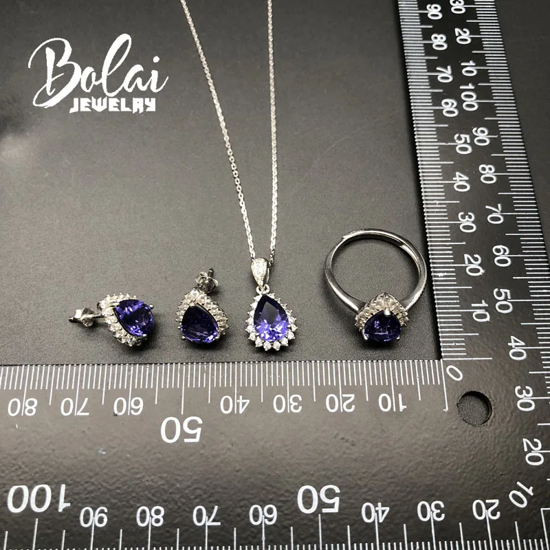 Bolaijewelry, созданный драгоценный камень нано ювелирные изделия из танзанита набор серьги кулон и кольцо стерлингового серебра 925 ювелирные украшения для девочек