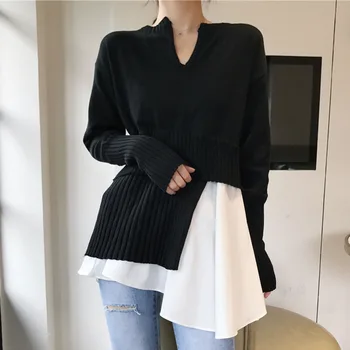 

Patchwork Pullover Knitted Sweater Women Fake Two Piece Irregular V Neck Black Knitwear Korean Female Tops Pull Femme Jumper