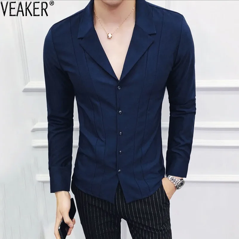 Сексуальные рубашки Diepe V-hals Hoge Kwaliteit Slim Fit Zijde Satijn Shirt Mannelijke Effen Kleur Wit деловые вечерние рубашки M-3XL