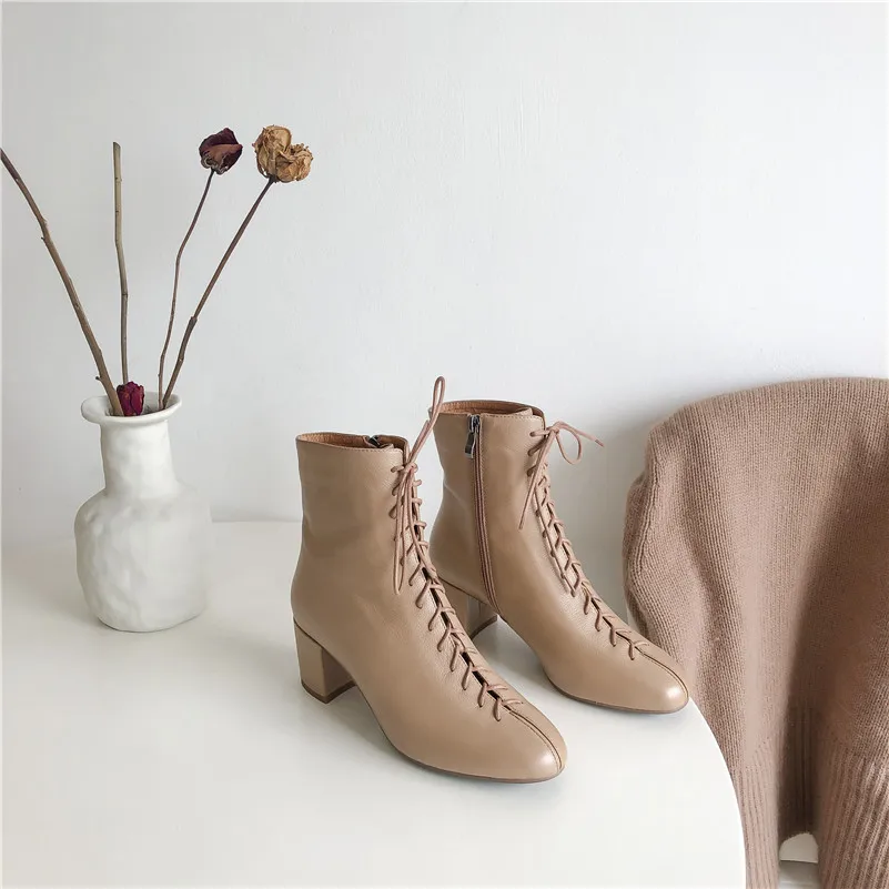 Khaki Velvet Lining Meotina-Зимние ботильоны; женские полусапожки из натуральной кожи на высоком квадратном каблуке; обувь на молнии с круглым носком; Женская Осенняя обувь; Размеры 33-40 - Цвет: Khaki Velvet Lining