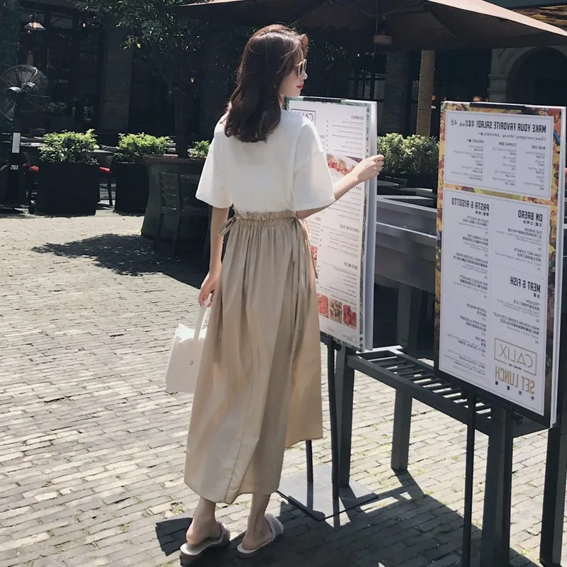 

Photo Shoot Pphome Drawstring Waist Hugging Long Skirts Ol Able Slim Fit Short Sleeve round Collar T-shirt Mock Two-Piece Dress