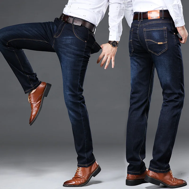 Классические мужские размера плюс джинсы модная деловая Повседневная Эластичная Повязка на головку с Slim fit Цвет: черный, синий Брендовые брюки; большие размеры 40, 42, 44, 46