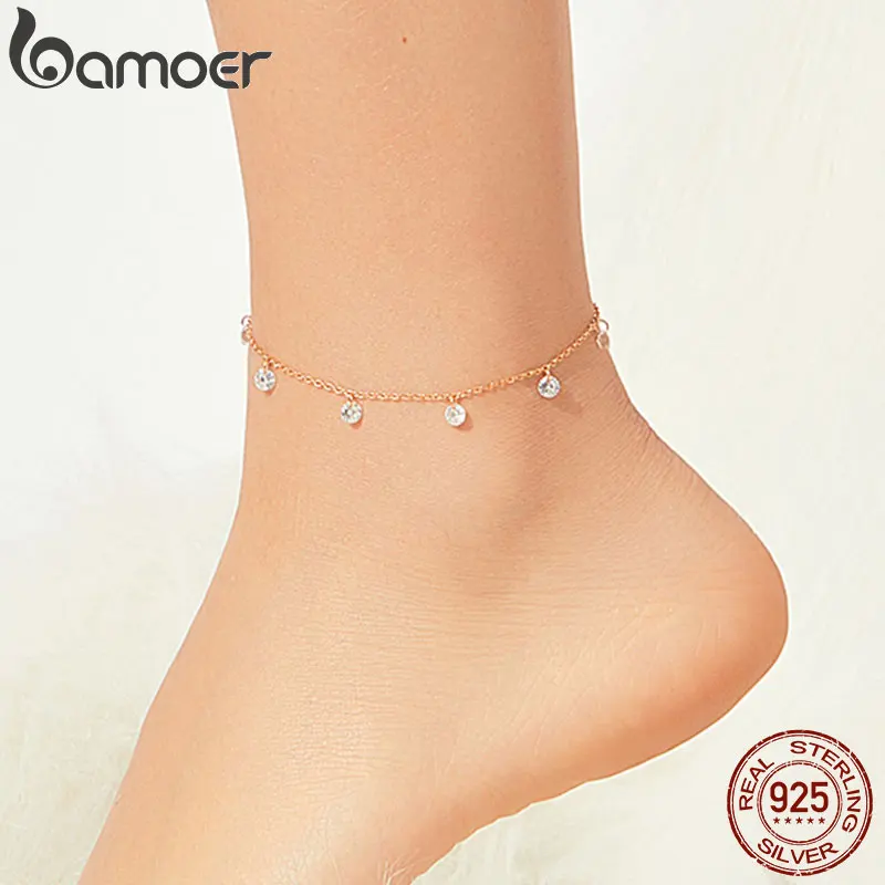 bamoer 925 Sterling Silver Cubic Zirconia Rose Gold Color Chain Anklets for Women Bracelet for Foor Holiday Jewelry SCT015 bamoer 925 Sterling Silver Cubic Zirconia Rose Gold Color Chain Anklets for Women Bracelet for Foor Holiday Jewelry SCT015