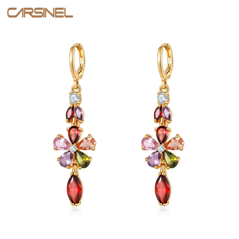 

CARSINEL Brand Luxury Gold color Crystal Zircon Hoop Earrings For Women Colorful CZ Long Earrings Fashion Wedding Jewelry