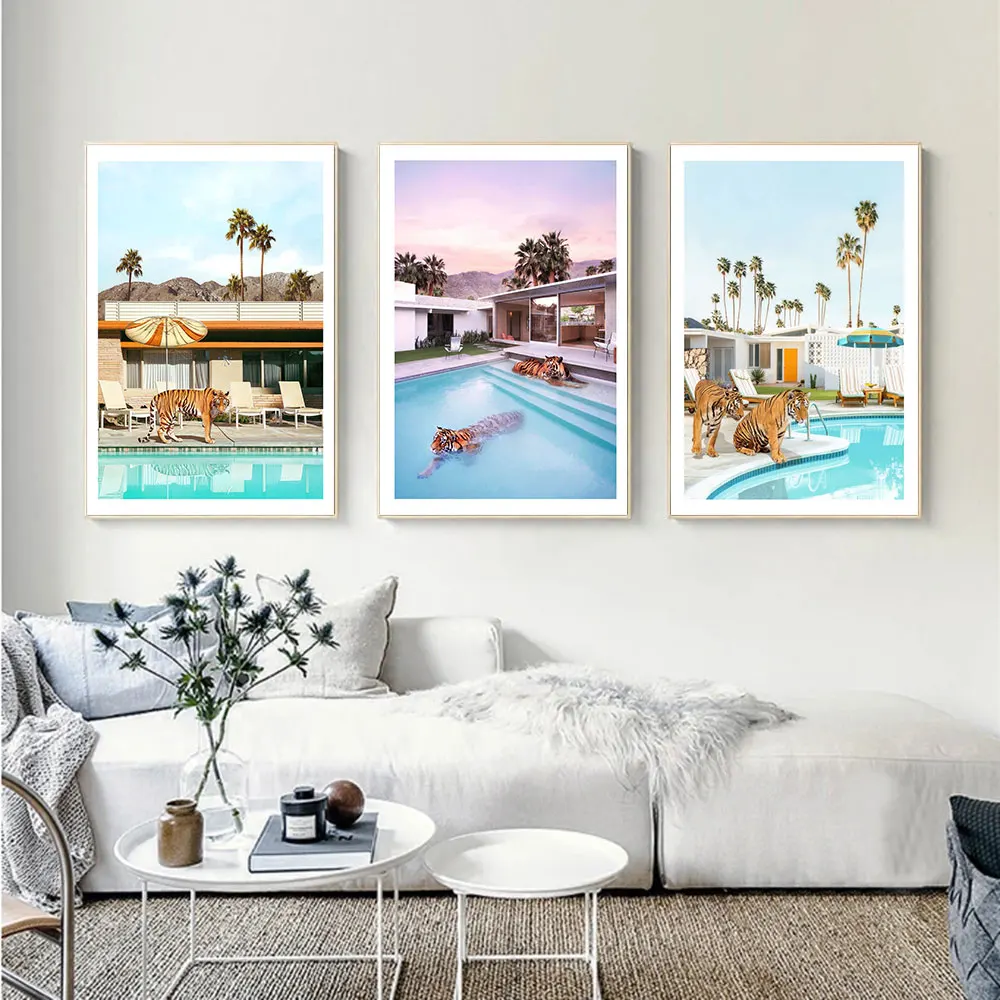 Nordic Style Canvas Painting Animal At Pool Poster Print Swimming Tiger And Pig Modern Pictures For Living Room Wall Art Decor